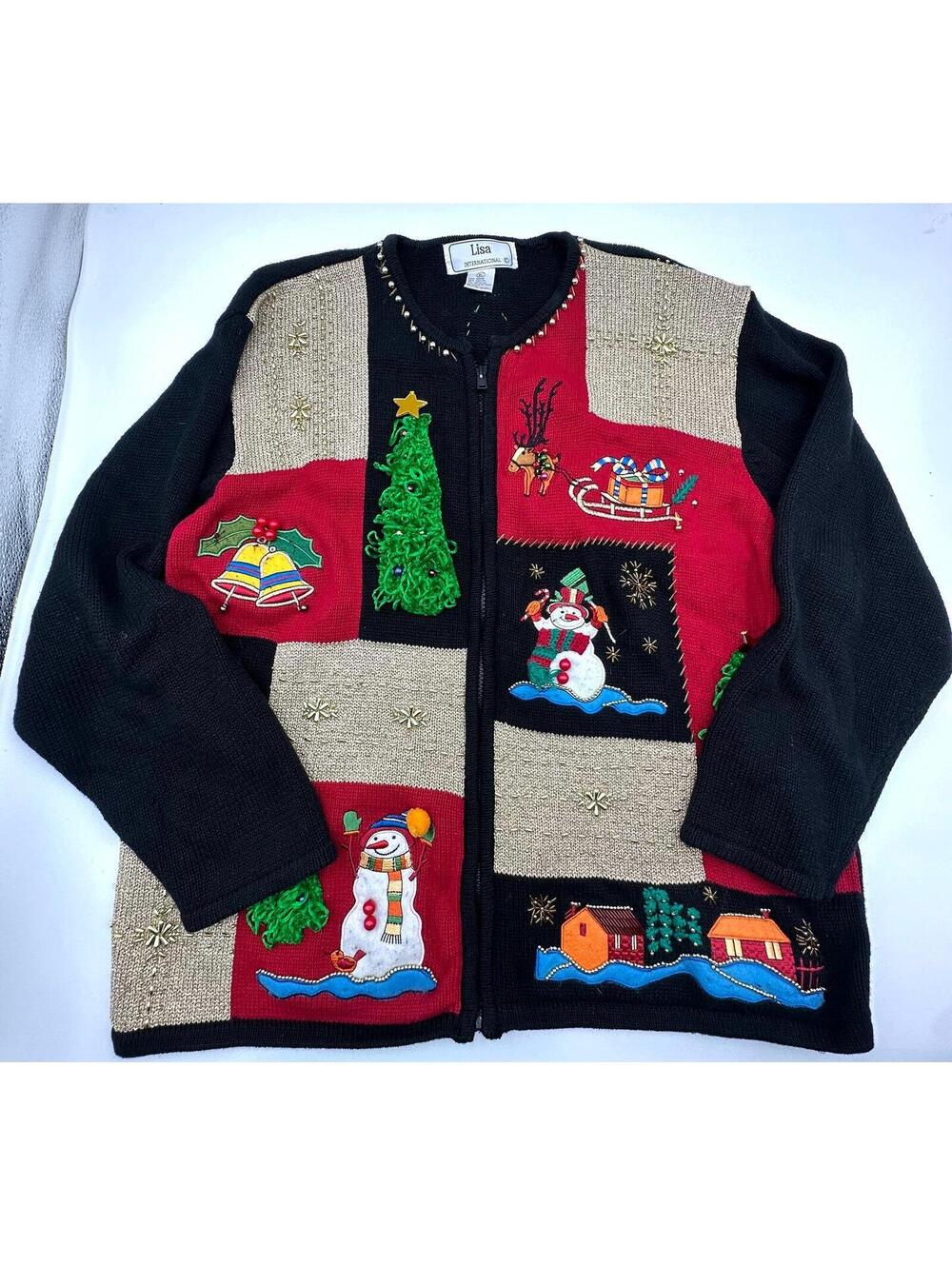 Lisa International Womens Beaded Embellish Christmas Cardigan Ugly Sweater XL